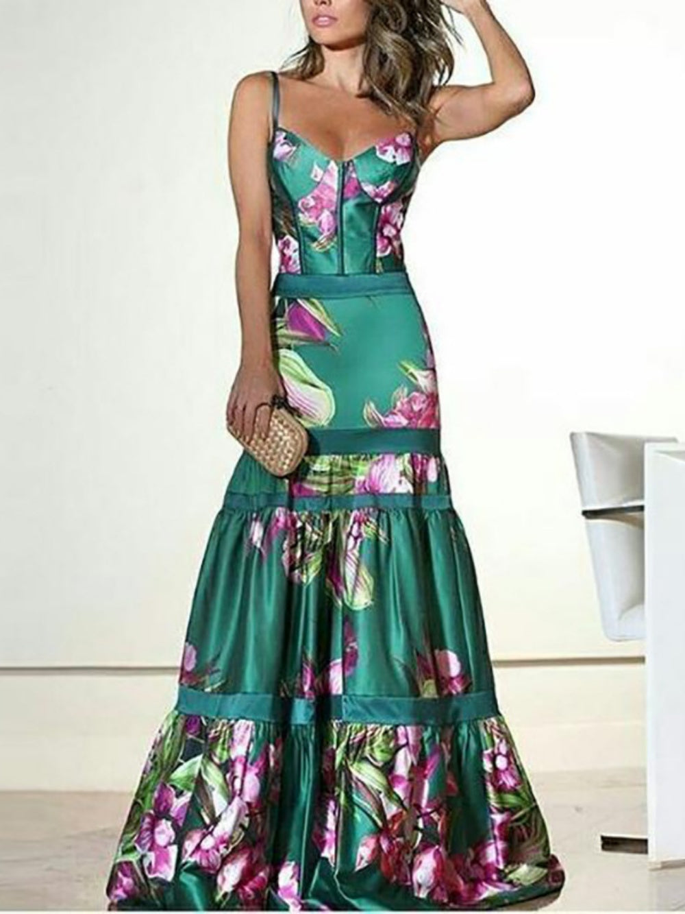 Maxi Satin Langkleid mit bedrucktem Einsatz und Rückenträgern