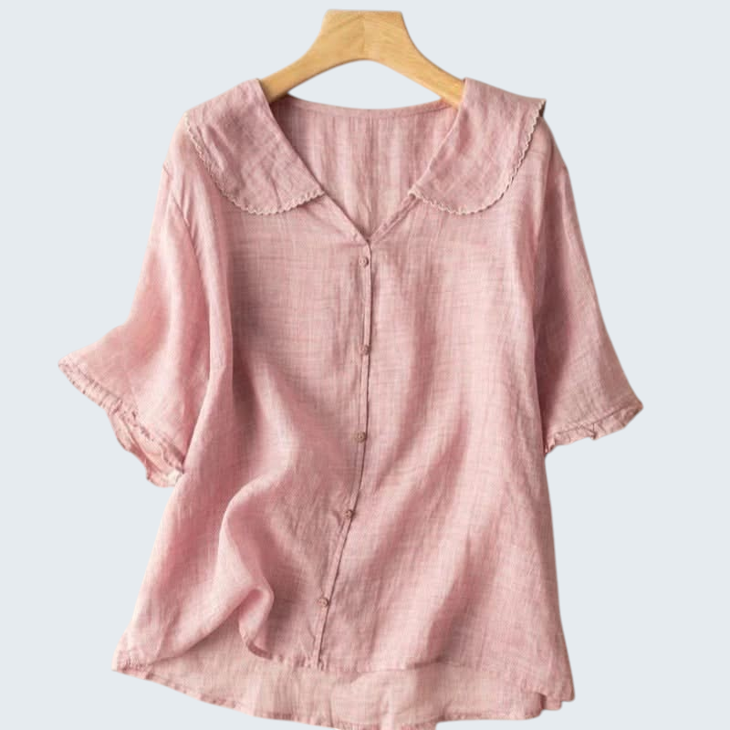 Blouse en lin femme légère, col festonné, élégance décontractée