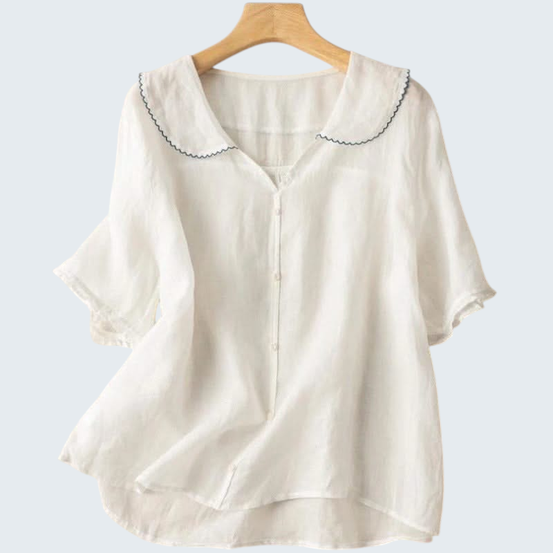 Blouse en lin femme légère, col festonné, élégance décontractée