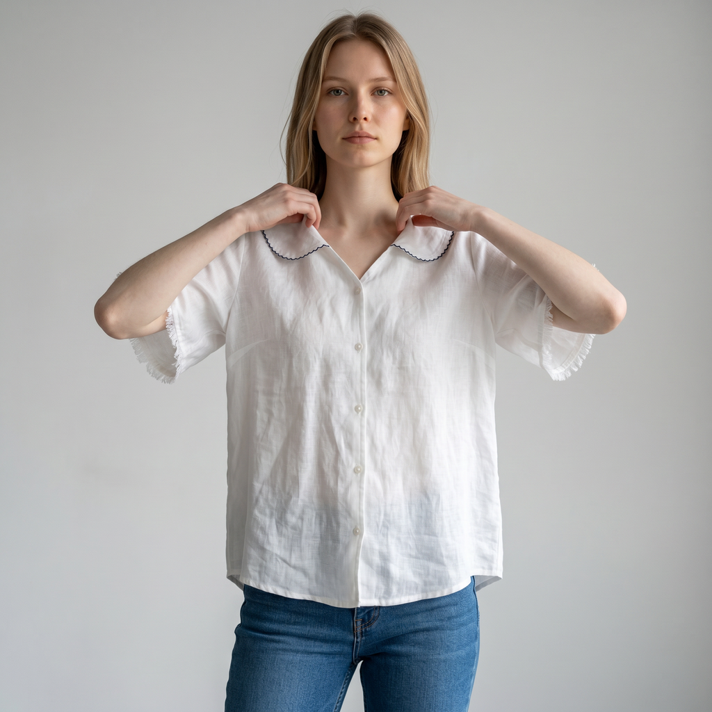 Blouse en lin femme légère, col festonné, élégance décontractée