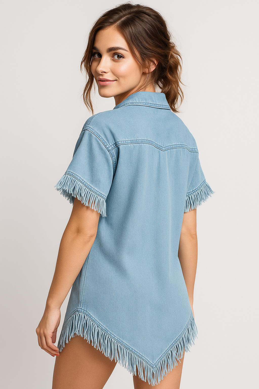 Robe Chemisier Femme en Denim Dakota avec Franges et Poches Poitrine