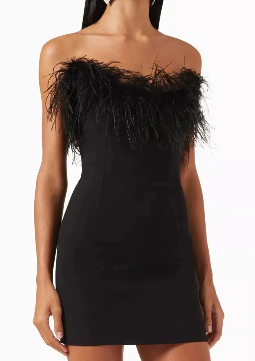 dresses : Camilla – Mini Robe Glamour à épaules dénudées avec Accent de Plumes in van Seroa