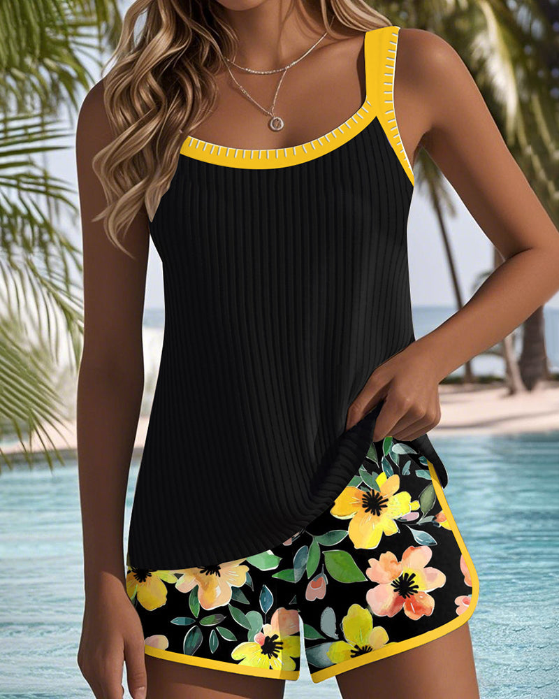 Tankini Rembourré Noir Floral avec Shorty Femme - Maillot de Bain