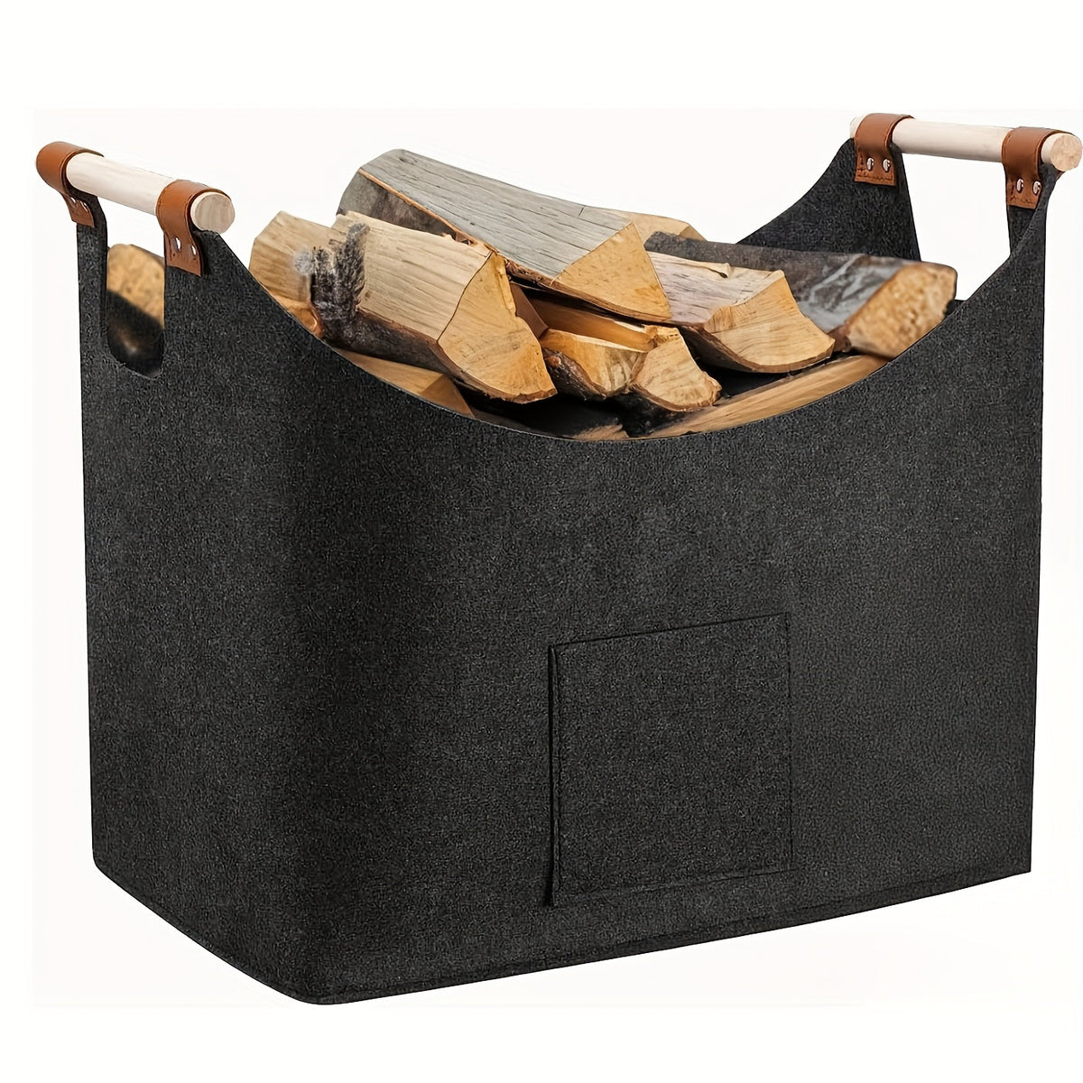 Panier de Rangement Pliable en Feutre pour Bois de Chauffage avec Poignees en Bois