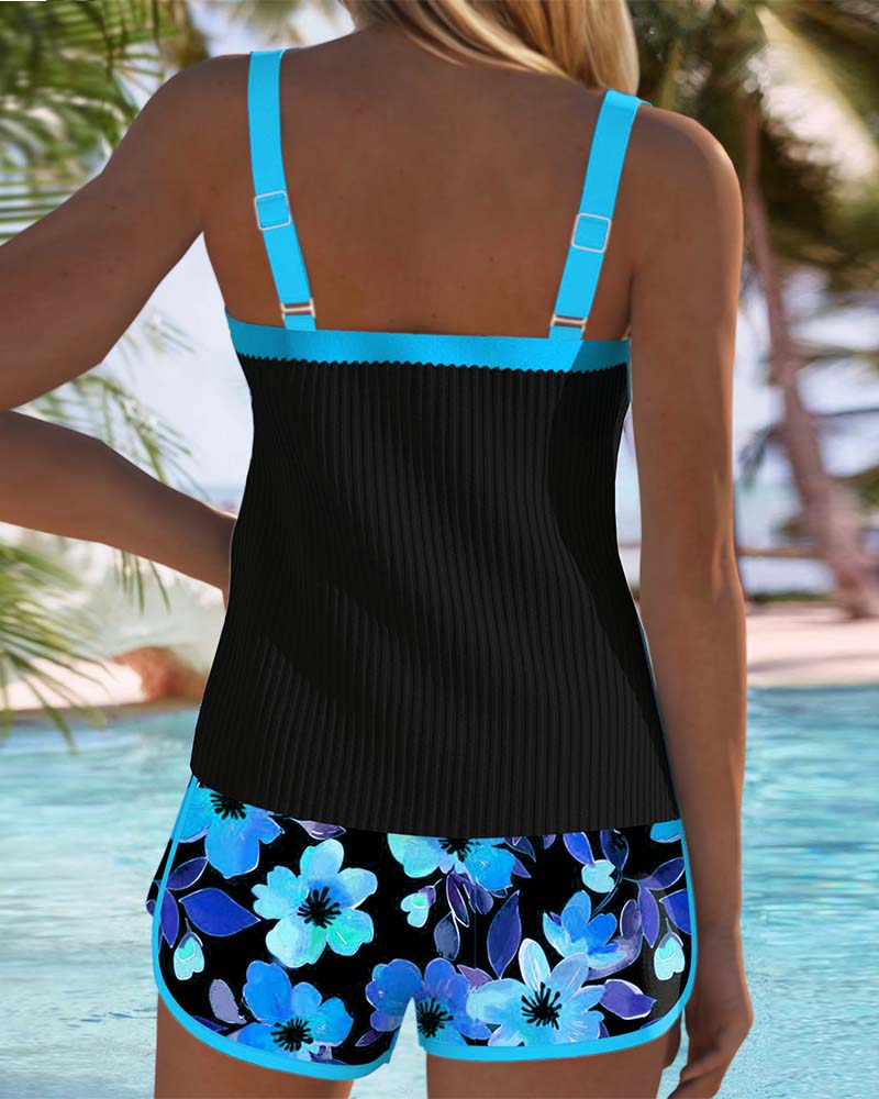 Tankini Rembourré Noir Floral avec Shorty Femme - Maillot de Bain