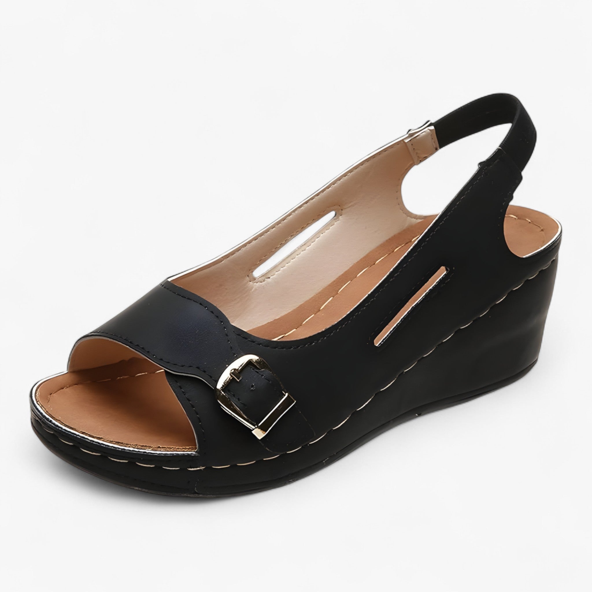 Bequeme flache Keilsandalen für Damen aus schwarzem Leder – ideal für den Sommer