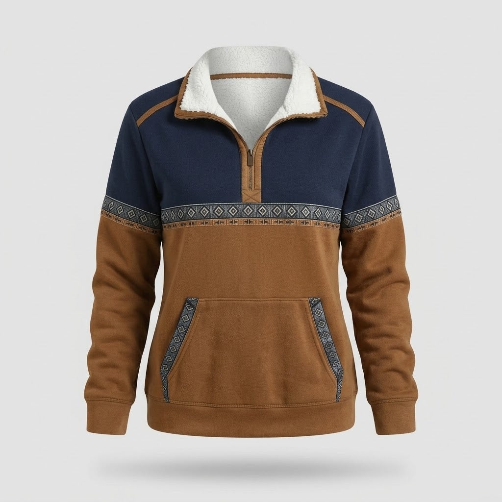 Pull Femme - Demi-Zip avec Col en Sherpa, Cognac