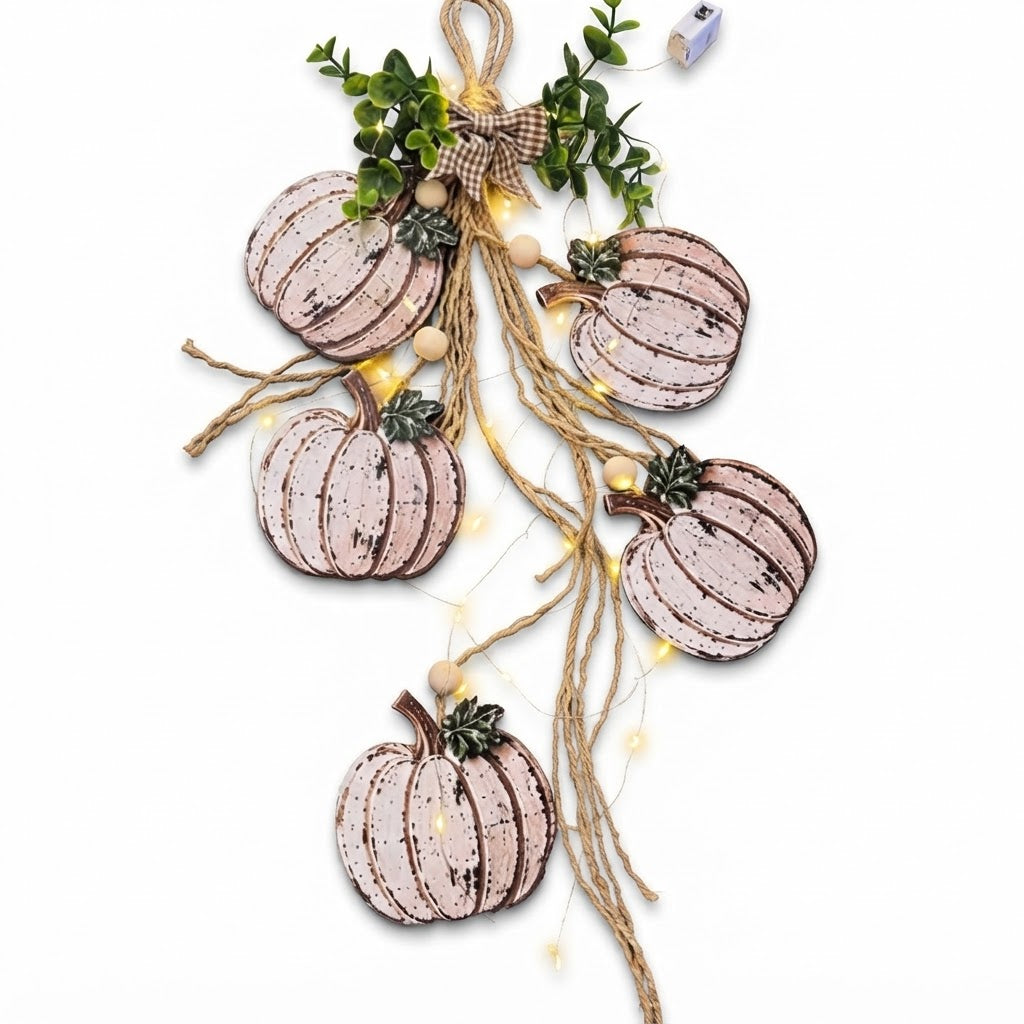 Suspension de Porte Citrouille en Bois - Lot de 5 avec Nœud Écossais