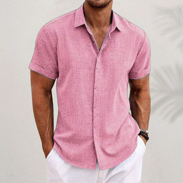 Camicia Lino Uomo Maniche Corte - Stile Estivo e Traspirante - Rosa - abbigliamento estivo camicia traspirante camicia uomo lino comfort estivo maniche corte uomo moda mare uomo stile casual uomo
