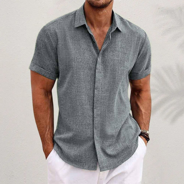 Camicia Lino Uomo Maniche Corte - Stile Estivo e Traspirante - Grigio - abbigliamento estivo camicia traspirante camicia uomo lino comfort estivo maniche corte uomo moda mare uomo stile casual uomo