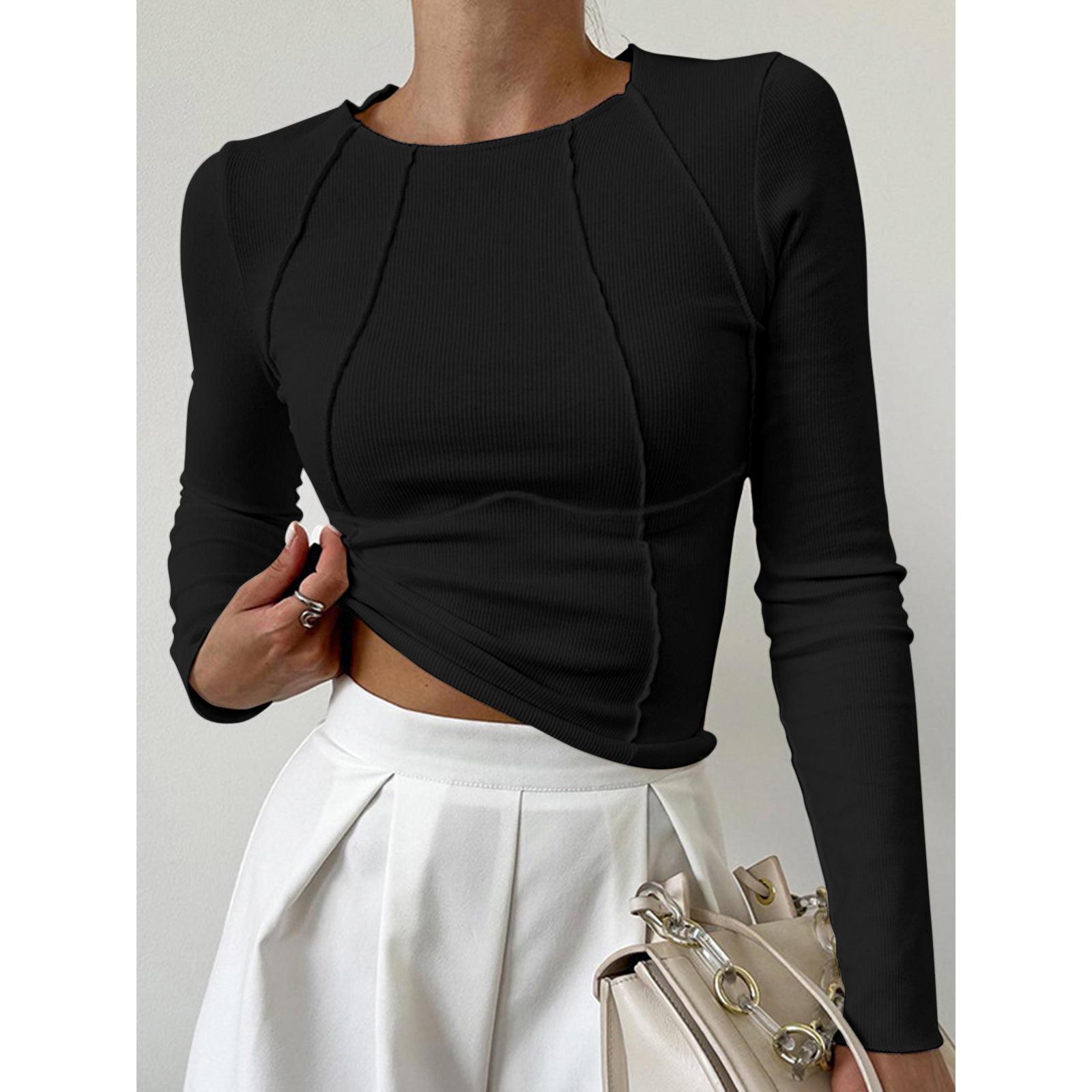 top blouses : Livia – Haut Tendance Côtelé à Manches Longues avec Coutures Apparentes in Noir van Seroa