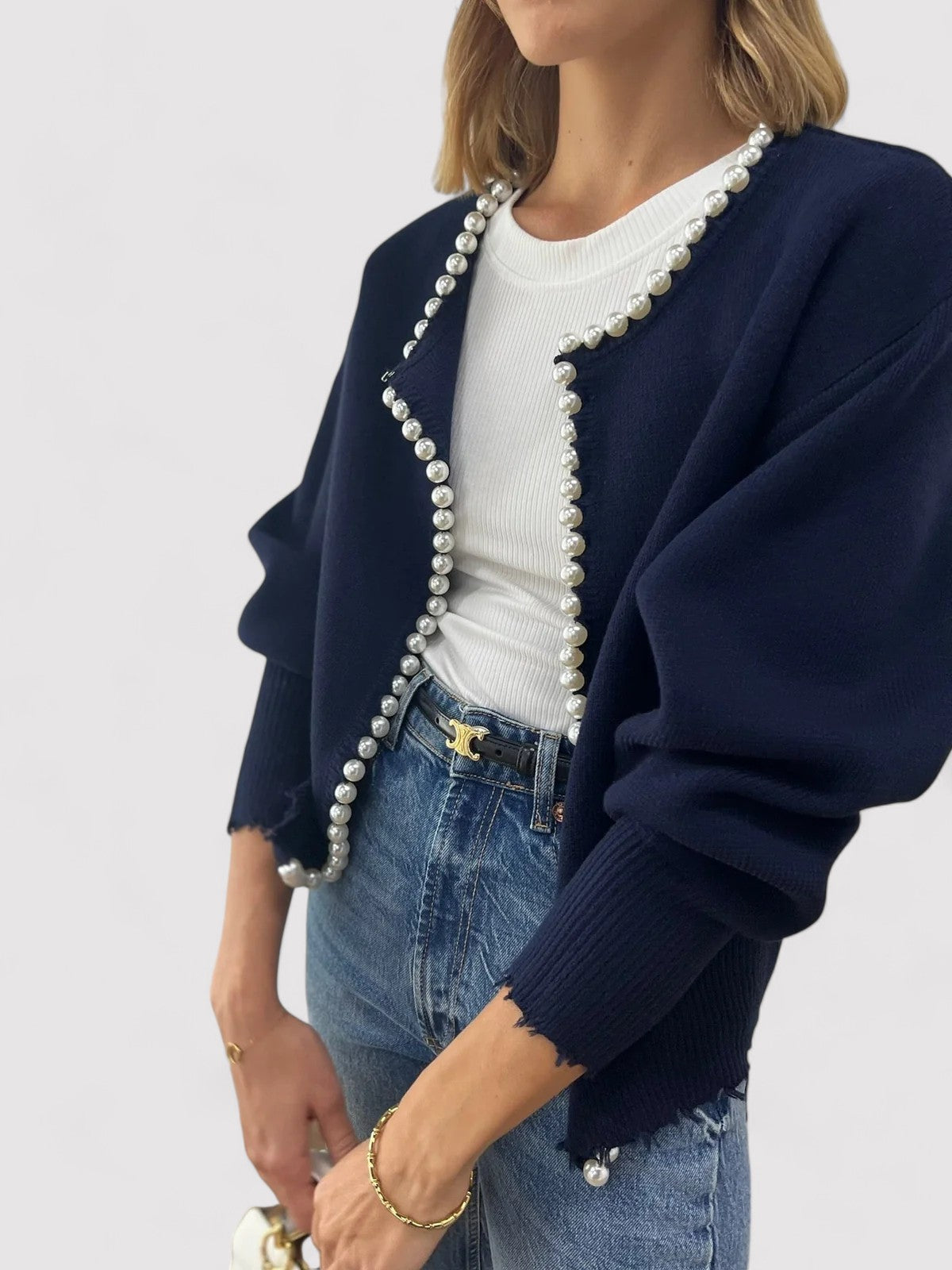 other : Elena - Cardigan Élégant en Maille Orné de Perles in Marine van Seroa