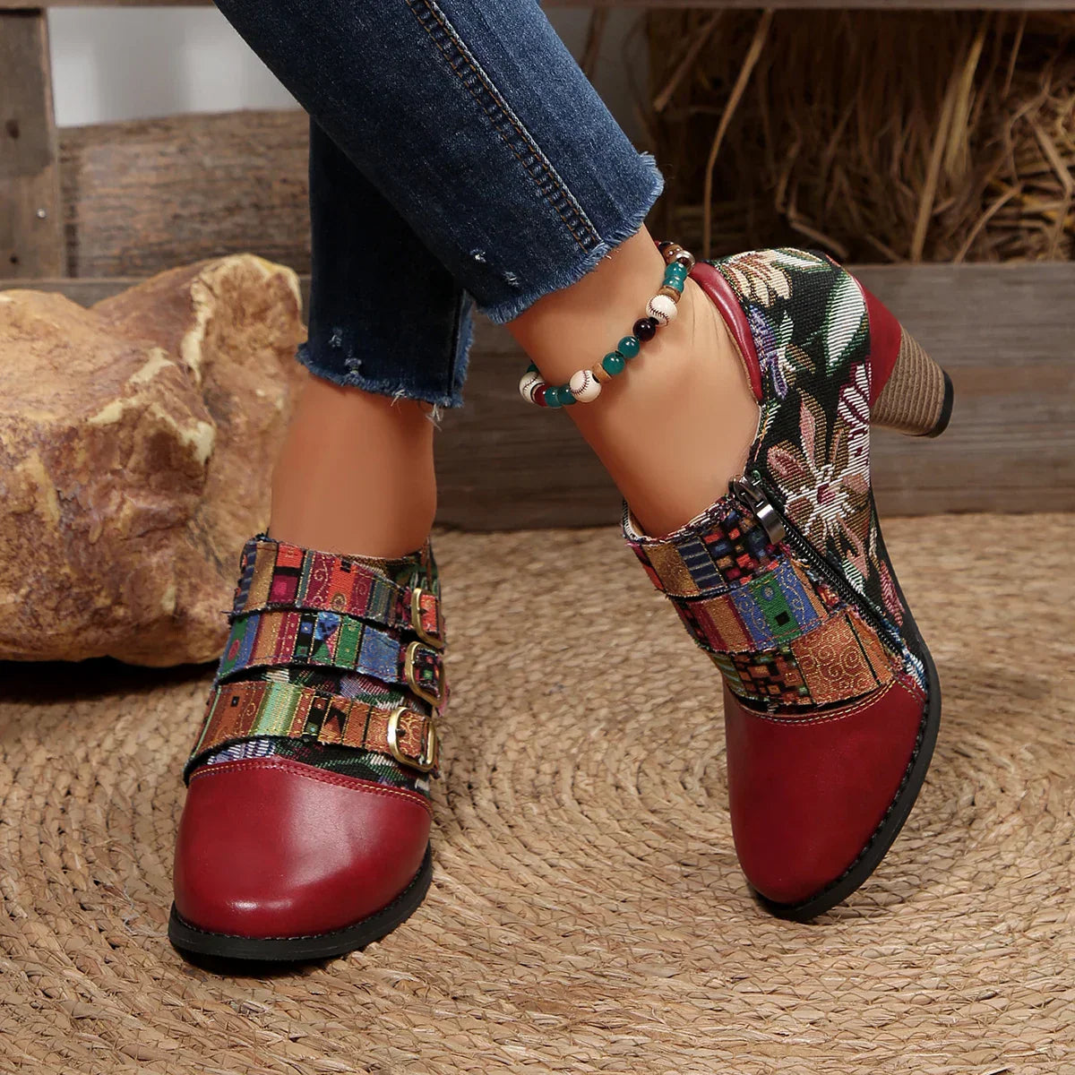 Krótki boho damskie buty ze skóry premium