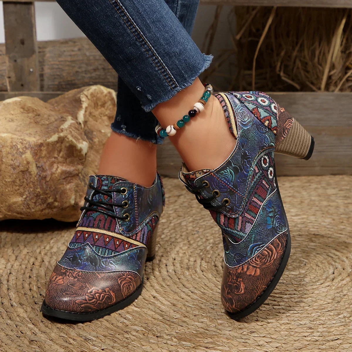 Krótki boho damskie buty ze skóry premium