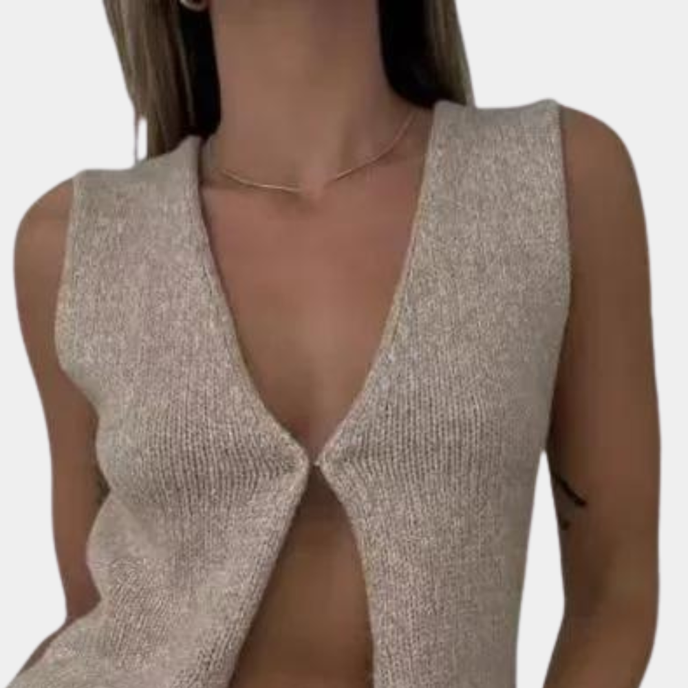 top blouses : Ella – Top sans Manches en Maille, coupe Ajustée et Design fendu in Kaki van Seroa