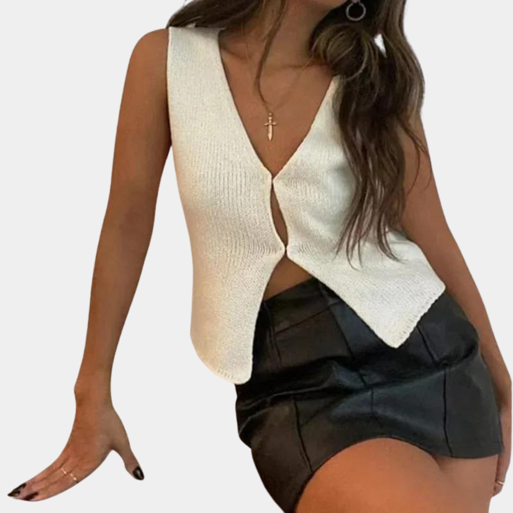 top blouses : Ella – Top sans Manches en Maille, coupe Ajustée et Design fendu in Blanc van Seroa