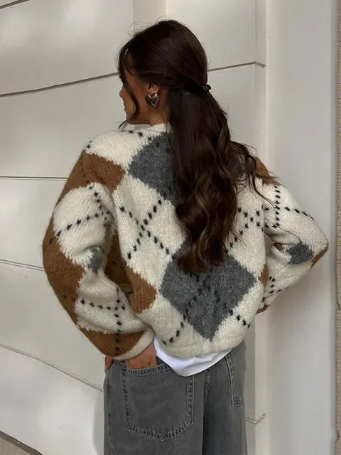 Cardigan Femme Élégant à Carreaux 0
