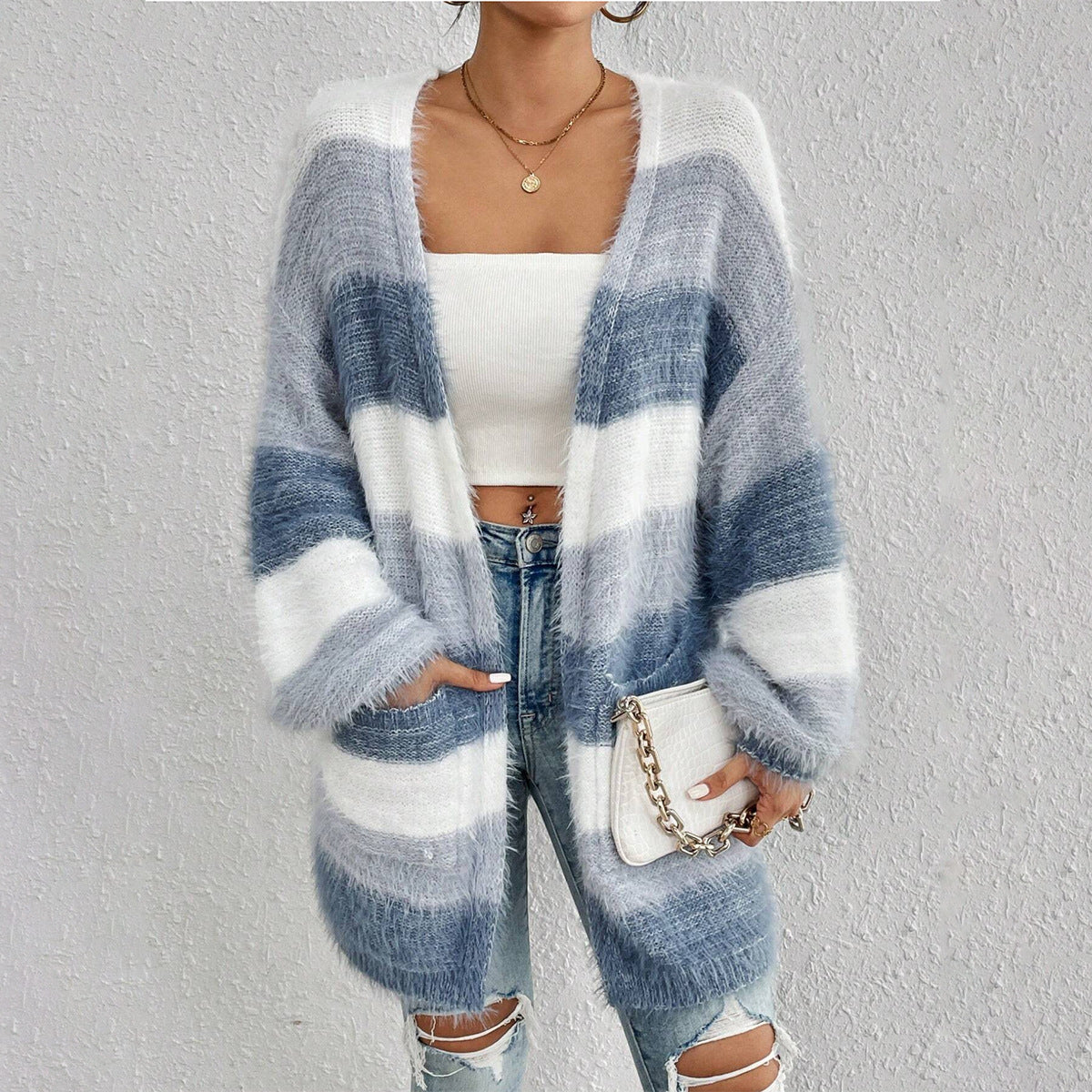 Cardigan Femme Surdimensionné Élégant à Rayures 0