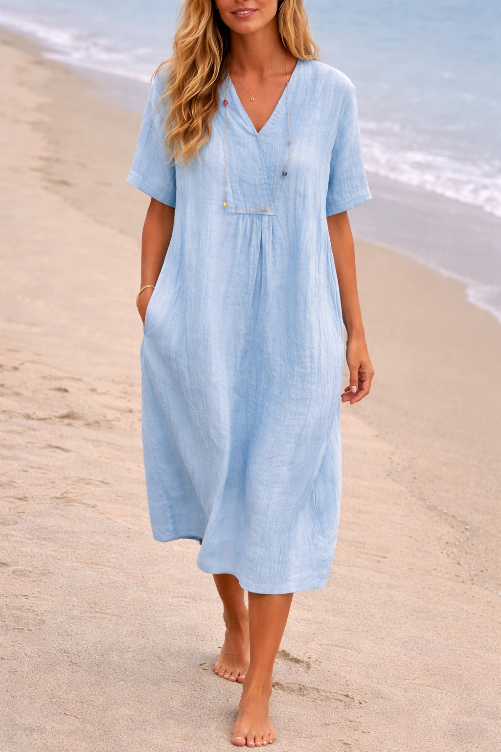 Robe fluide femme en lin, col V, coupe midi décontractée