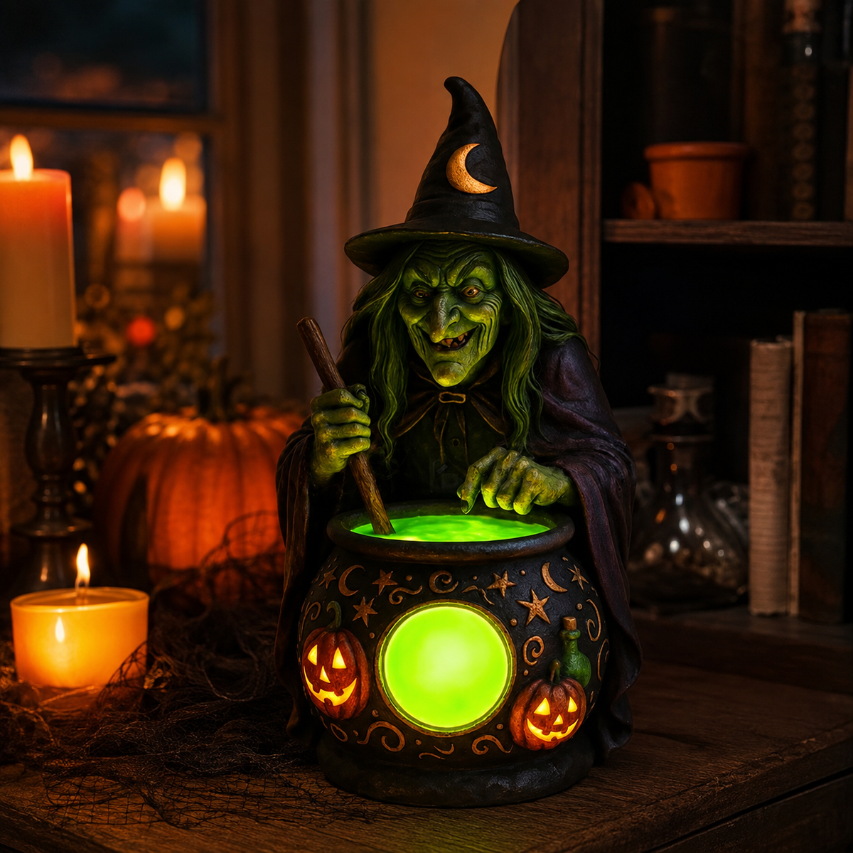 Lampe de Table Chaudron de Sorcière en Résine avec LED Verte Néon