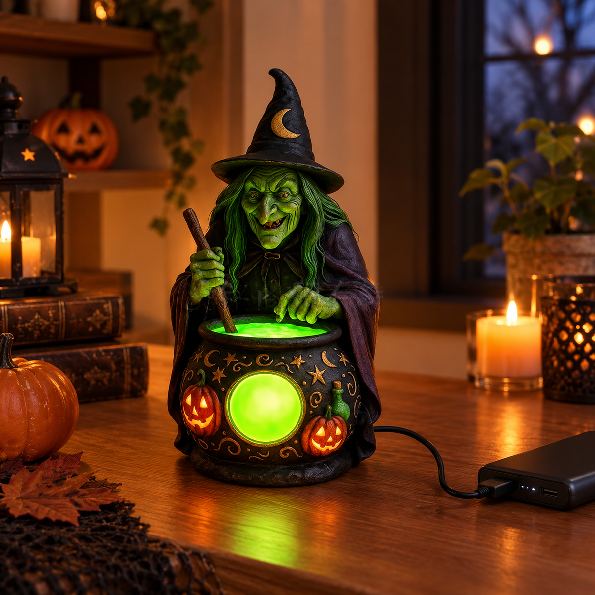 Lampe de Table Chaudron de Sorcière en Résine avec LED Verte Néon