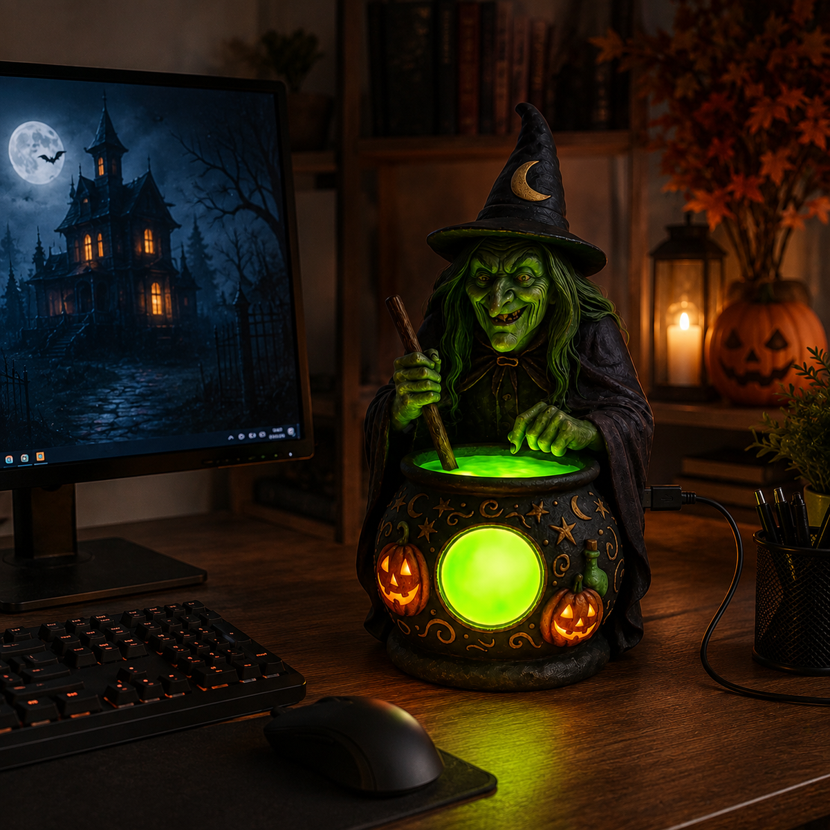 Lampe de Table Chaudron de Sorcière en Résine avec LED Verte Néon