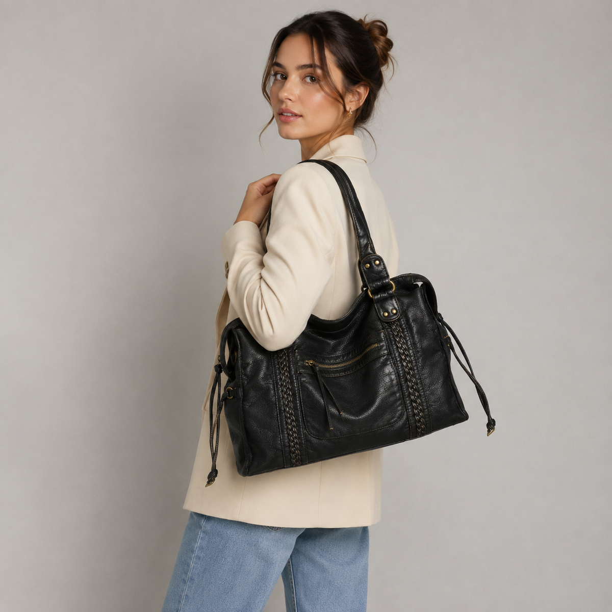 Sac à Épaule Noir Femme – Sac à Main Tendance en Simili Cuir avec Poches Zippées