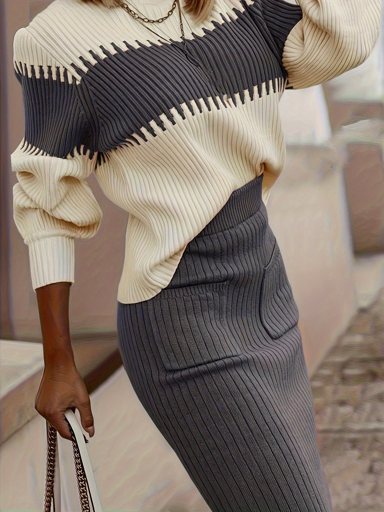 Ensemble Femme Côtelé Design Color Block 1