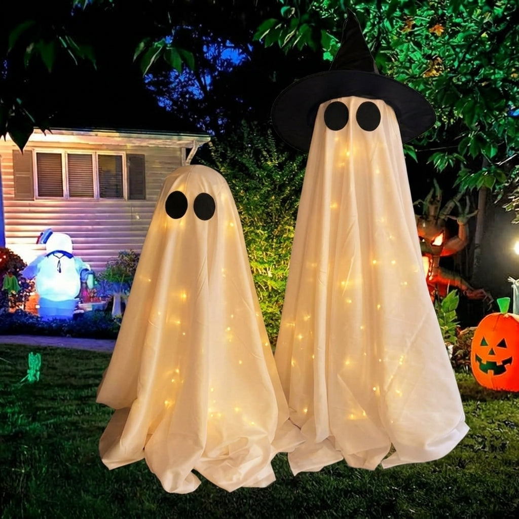 Fantôme Lumineux avec Chapeau de Sorcière - Décoration LED Halloween