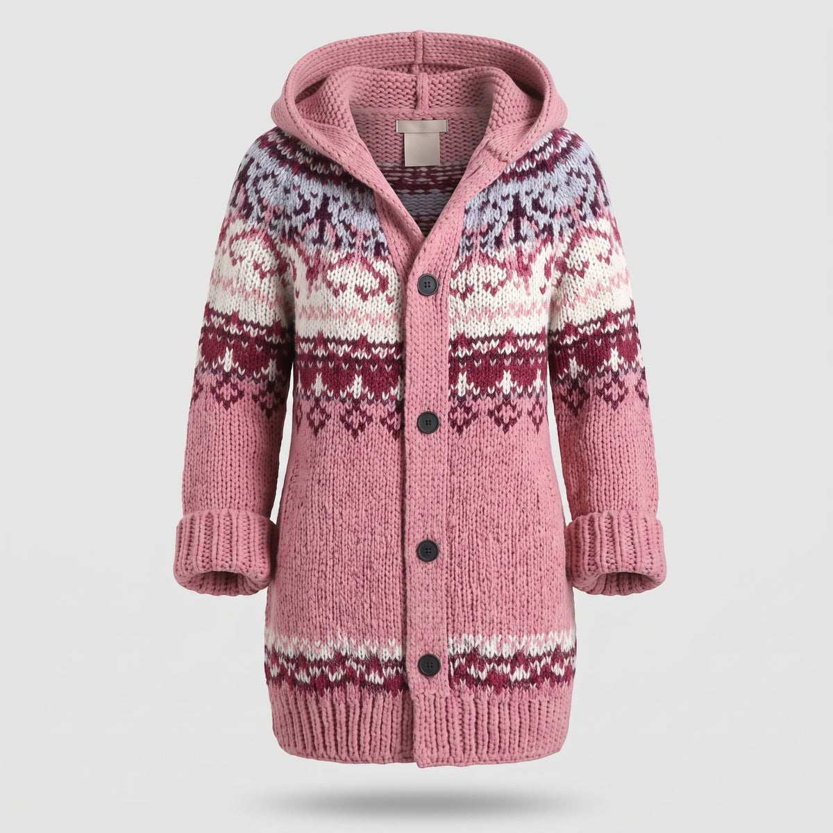 Cardigan en Tricot à Capuche avec Motif Fair Isle pour Femme
