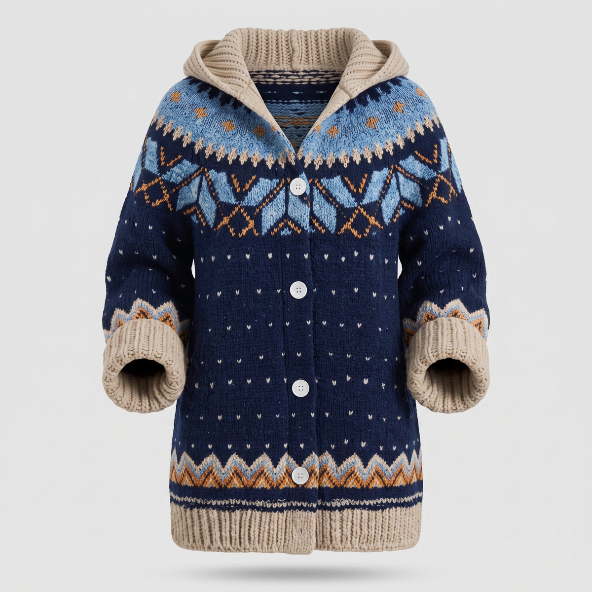 Cardigan en Tricot à Capuche avec Motif Fair Isle pour Femme