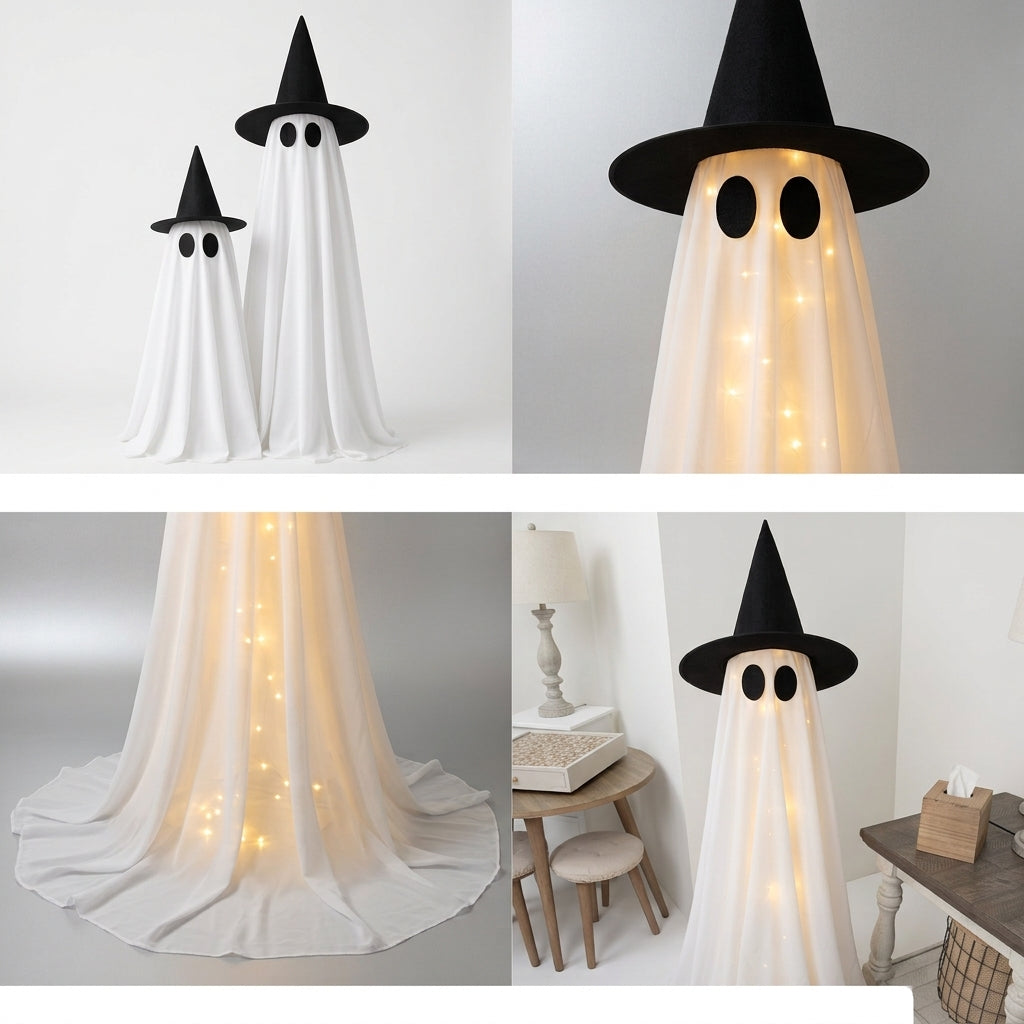 Fantôme Lumineux avec Chapeau de Sorcière - Décoration LED Halloween