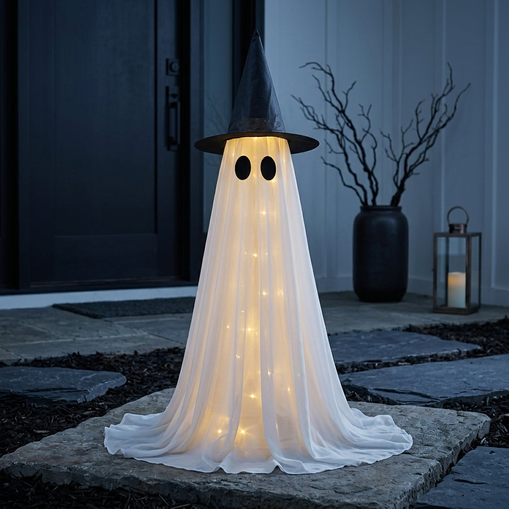 Fantôme Lumineux avec Chapeau de Sorcière - Décoration LED Halloween