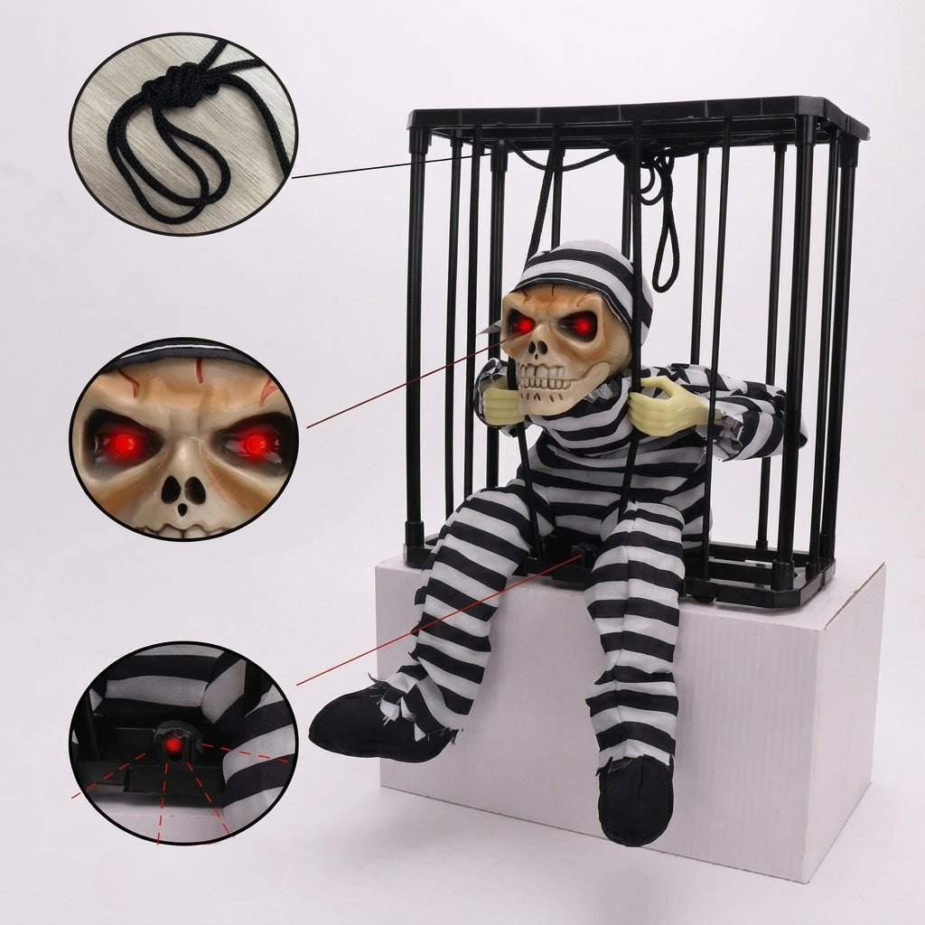 Décoration Cage à Squelette avec Détecteur de Mouvement - Yeux Lumineux et Son