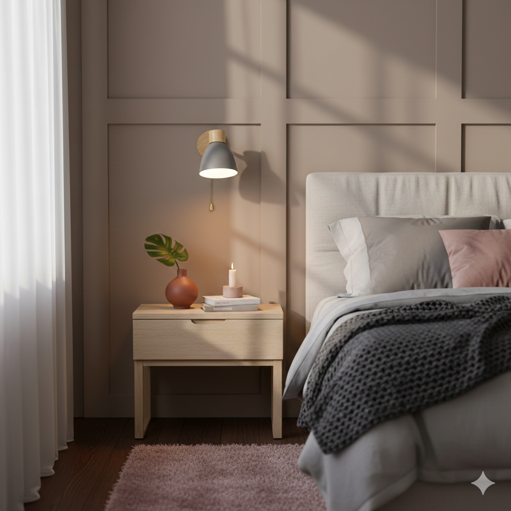 Applique murale moderne avec bras incliné, bois, abat-jour conique