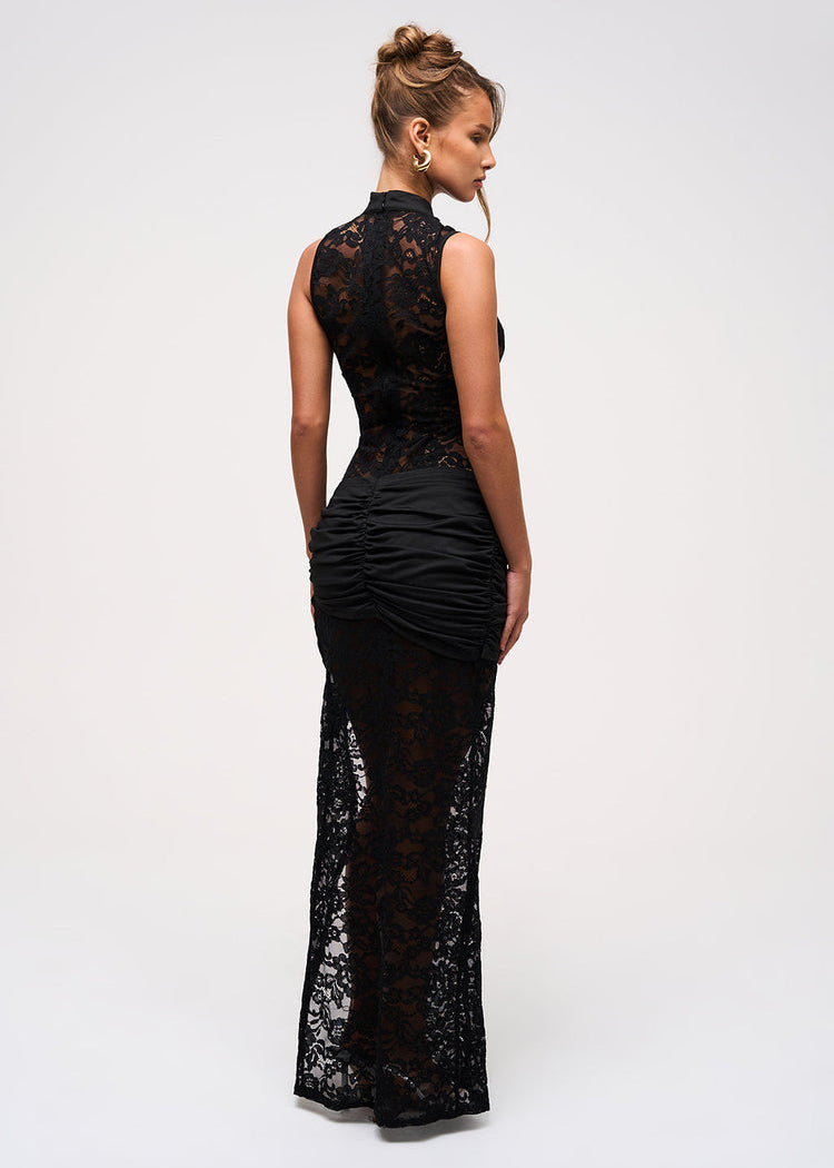 Elegantes langes Damenkleid Dark Lace in schwarzer Spitze