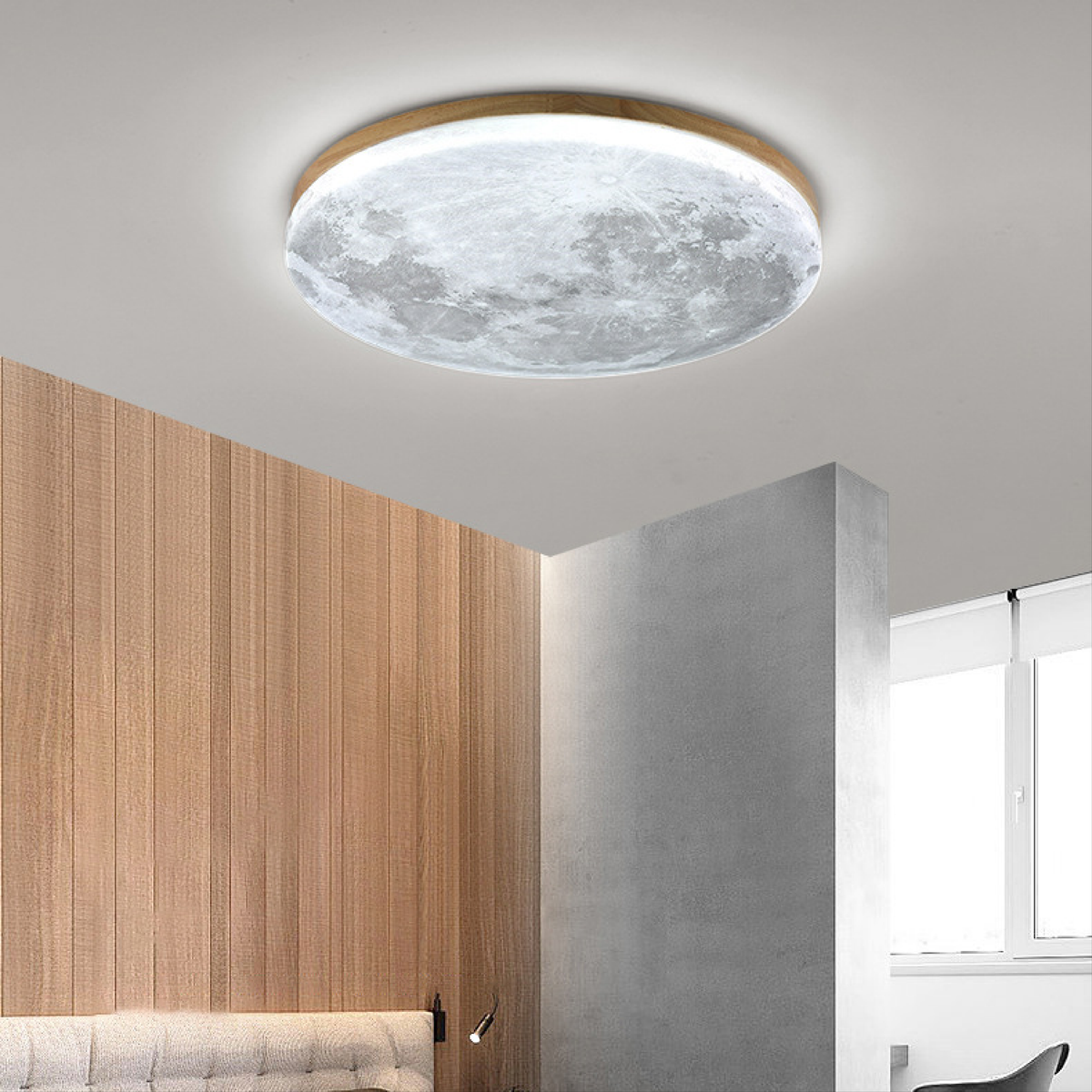 Plafonnier Lune Moderne – Design Lunaire 3D avec Cadre en Bois