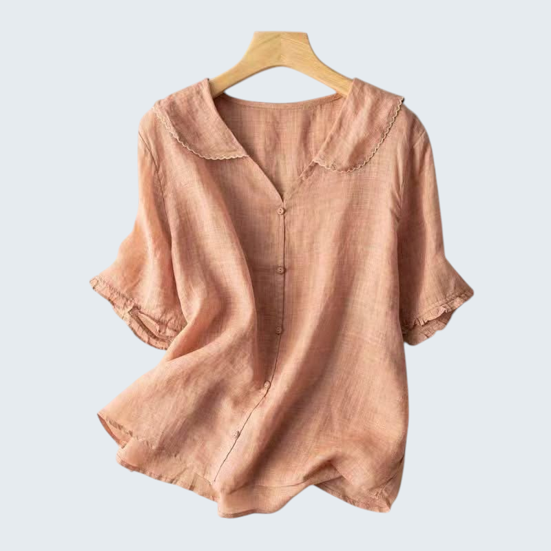Blouse en lin femme légère, col festonné, élégance décontractée