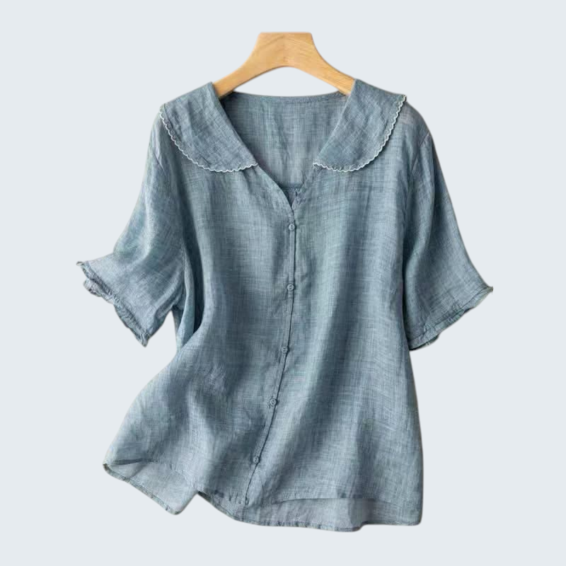 Blouse en lin femme légère, col festonné, élégance décontractée