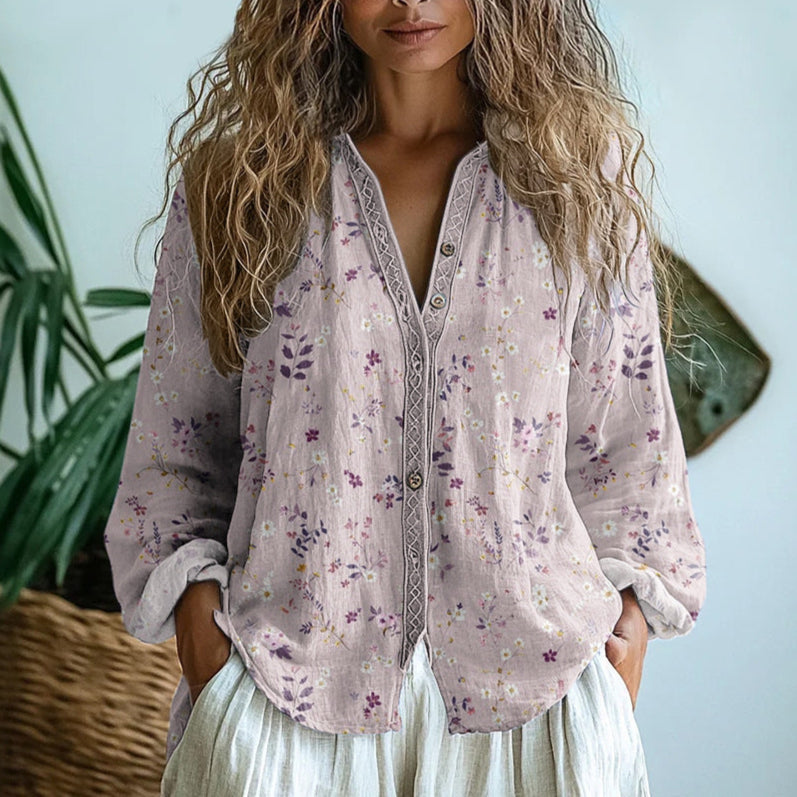 Blouse Femme en Lin Bohème, Imprimé Floral, Col V