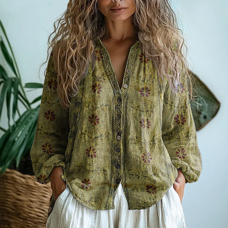 Blouse Femme en Lin Bohème, Imprimé Floral, Col V