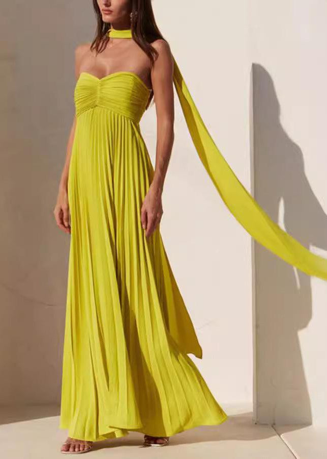 Simple Elegant Look Tube Dress with Pleats and Ribbon - XS / Yellow