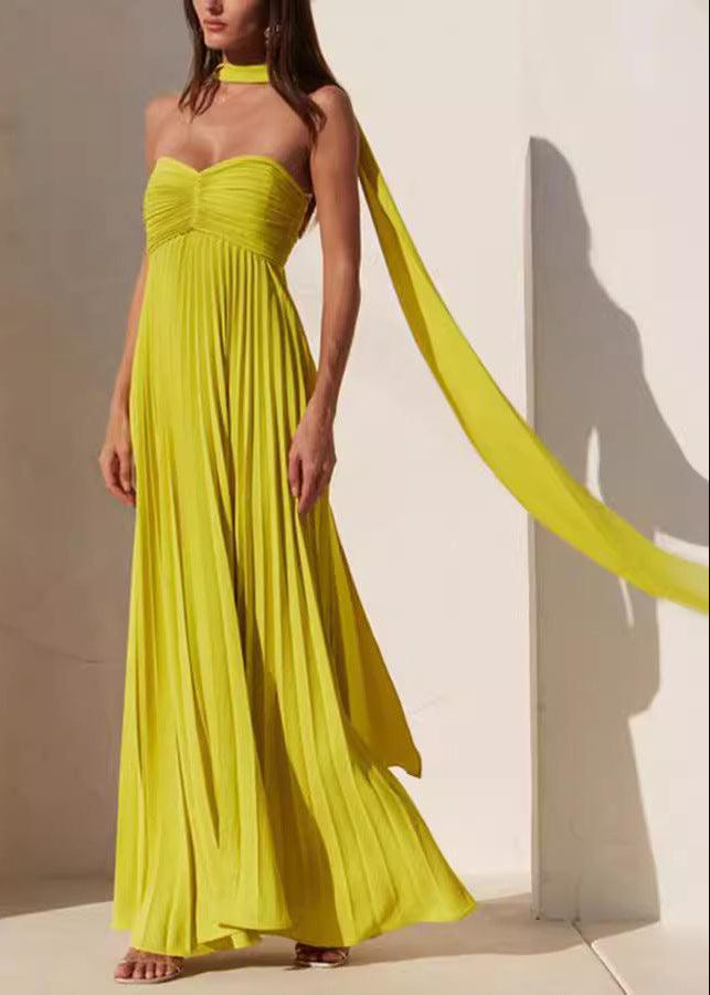 Simple Elegant Look Tube Dress with Pleats and Ribbon - XS / Yellow