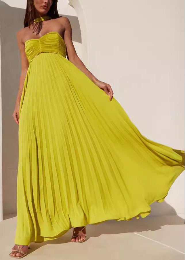 Simple Elegant Look Tube Dress with Pleats and Ribbon - XS / Yellow