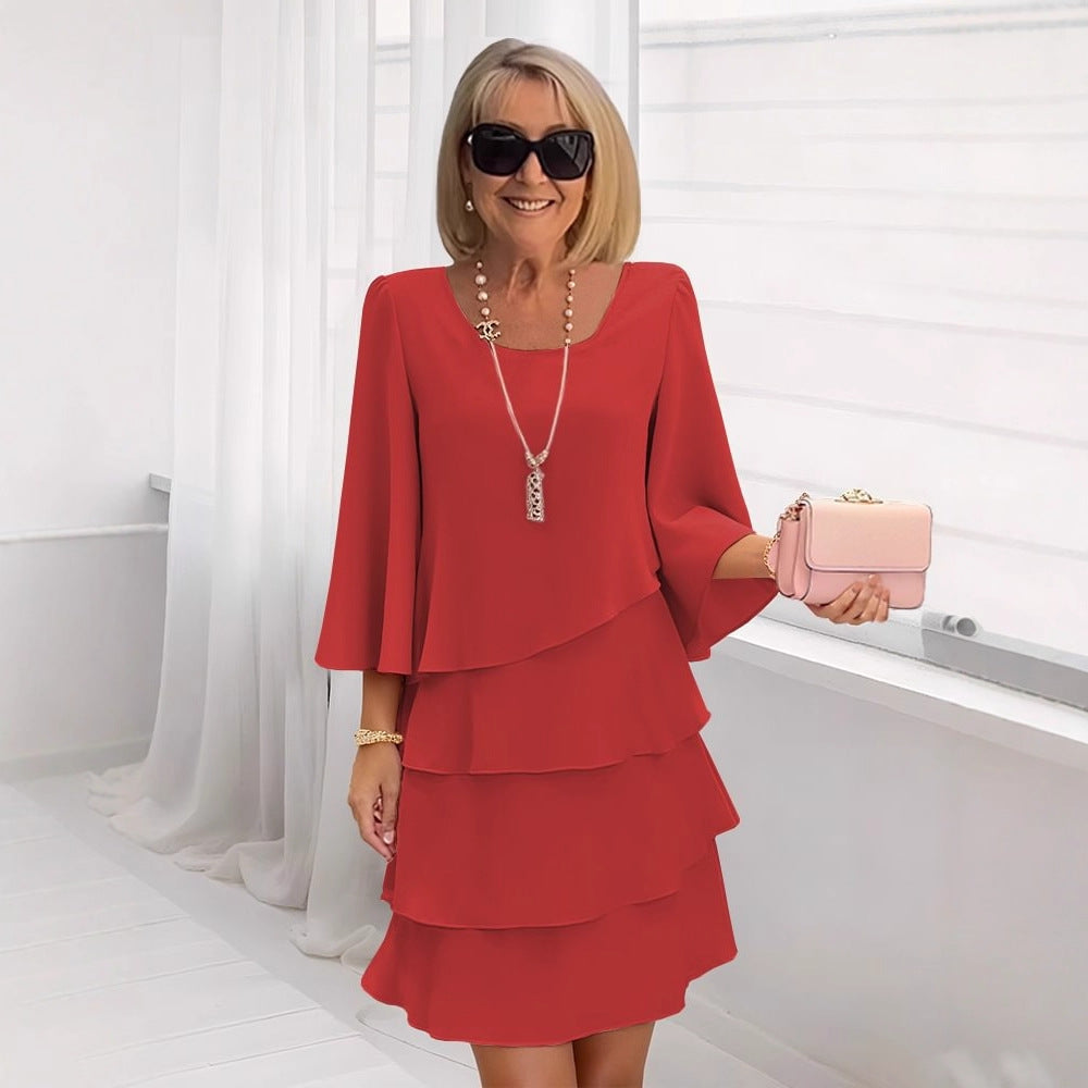 Robe midi fluide à volants, coupe évasée et style chic