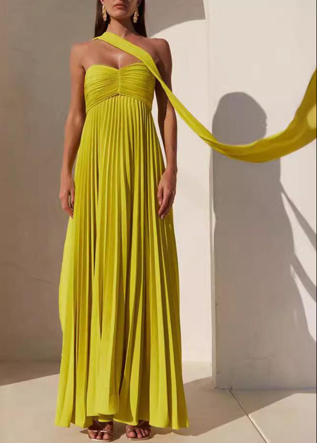 Simple Elegant Look Tube Dress with Pleats and Ribbon - XS / Yellow
