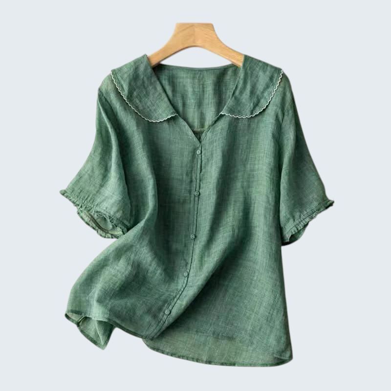 Blouse en lin femme légère, col festonné, élégance décontractée