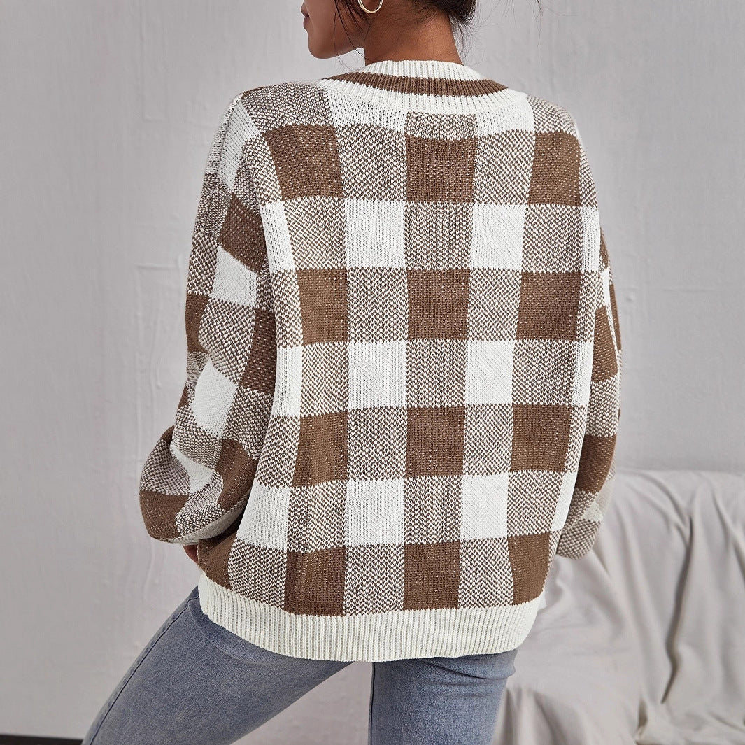 Pull Femme Col V Plaid Décontracté 2