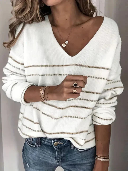 Pull Femme Col V Rayé Décontracté 0