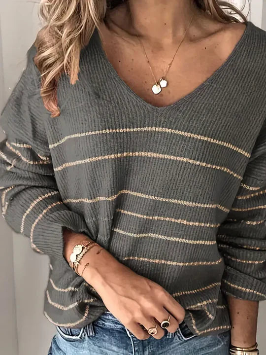 Pull Femme Col V Rayé Décontracté 5